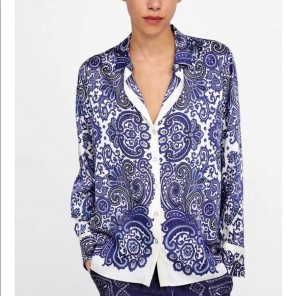 Sold ZARA Blue Porcelain White Button Up Blouse Small - Picture 1 of 1